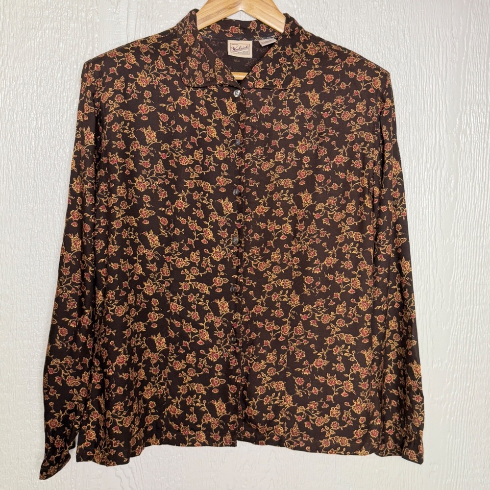 Woolrich Womens Medium Brown Floral Rayon Long Sleeve Button Down Blouse Top